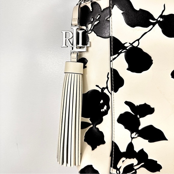 Lauren Ralph Lauren Adley Leather Shoulder Bag Floral White with Black Embossed - Picture 5 of 9